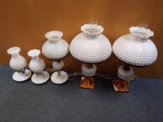 Five decorative electric table lamps with milk glass shades in the style of oil lamps (5) - This