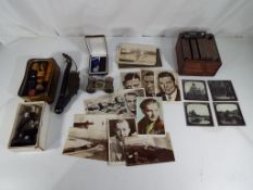 A good mixed lot to include a miniature microscope, approximately 30 Magic Lantern slides,