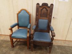 Two oak framed Town Hall chairs comprising Mayor's chair and secretary's chair with 'Warings'