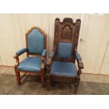 Two oak framed Town Hall chairs comprising Mayor's chair and secretary's chair with 'Warings'