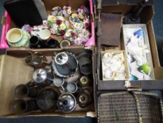 A good mixed lot to include a quantity of metal ware, plated ware, ceramic flowers,