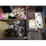 A good mixed lot to include a quantity of metal ware, plated ware, ceramic flowers,