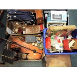 A good mixed lot to include three wooden boxes, a cased carving set,