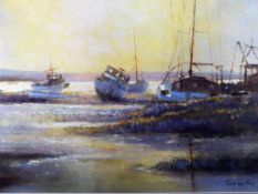 An oil on board depicting a seascape entitled Boats at Rest, Heswall Shore,