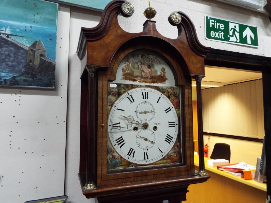 An early 19th century longcase clock, ca 1820, signed to the 13 inch arched, painted dial for J. - Image 2 of 4