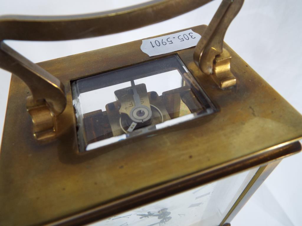 A brass cased carriage clock, the dial scribed 'De la Grense' Roman numerals, - Image 3 of 3