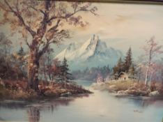 An oil on canvas depicting a landscape, signed by the artist lower right, Mitchell, framed,