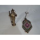 A white metal enamelled chain purse with cross motif and white metal snuff bottle (2).