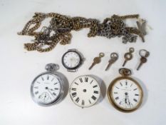 Three pocket watches for restoration or spares, a white metal wristwatch, key winders,