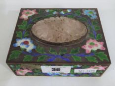A good quality Chinese metal box with inset carved hardstone and enamel decoration depicting