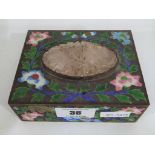 A good quality Chinese metal box with inset carved hardstone and enamel decoration depicting