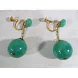 A pair of lady's 9 carat gold and green stone/marble/glass earrings - This lot MUST be paid for and