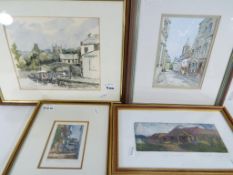 A watercolour depicting a street scene by I Russell, mounted and framed under glass,