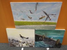 Three unframed oils on canvas, one depicting fighter aircraft over London,