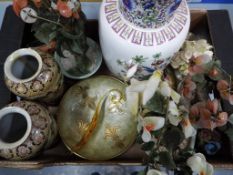 A good mixed lot to include a pair of Japanese vases, ceramic flowers,