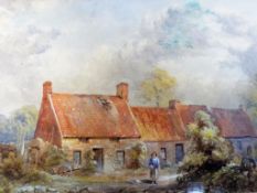 A watercolour depicting a landscape scene entitled Farmstead at Knowe Mill near Prestonkirk by