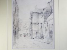 A pencil drawing depicting a French village scene, signed by the artist (unclear),