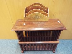 A good quality magazine rack with brass inlaid decoration also included in the lot is a letter rack