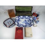 A good lot to include a small wooden storage box, a quantity of blue and white ceramics,