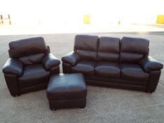 A good quality modern brown leather three seater settee and matching single seater armchair and