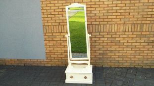 A good quality painted pine cheval mirror over a bottom drawer,
