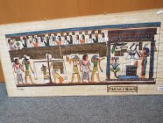 A hand painted Egyptian picture entitled Weighing of the Heart,