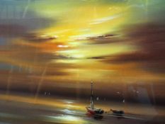 An oil on board depicting a seascape with two sailing boats in the distance, by Joe Bowen,