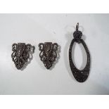 Two silver and marcasite scarf pins and a pair of earrings - Est £20 - £30