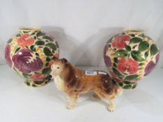 A large pair of Wade Harvestware bulbous form vases with floral decoration and a Melba Ware model
