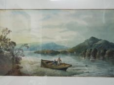 A watercolour depicting a lakeside scene by H Magenis, mounted and framed under glass,