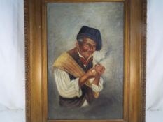 G Vitali - a framed oil on canvas depicting an elderly gentleman smoking a pipe,