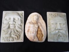 Three plaster wall plaques, approximate height 25 cm x 17 cm (3).