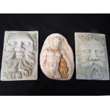 Three plaster wall plaques, approximate height 25 cm x 17 cm (3).