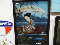 A Japanese reverse painting on glass picture featuring a Japanese lady in a boat,