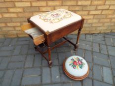 A Victorian music stool with drop down front and embroidered seat also included in the lot is a