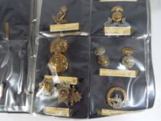 An album containing approximately 127 WW1 + 2 Regimental Cap Badges individually prersented in