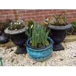 Two stone urns and a planter with shrubs and plants included in the lot