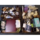 A wooden desk organiser in original box, a good lot to include ceramics, canteen of plated cutlery,