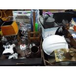 Two boxes of miscellaneous household items to include a Petsave dog flap, drill bit sharpener,
