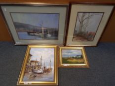 Four pictures comprising a pastel image of a harbour scene mounted and framed under glass,