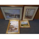 Four pictures comprising a pastel image of a harbour scene mounted and framed under glass,