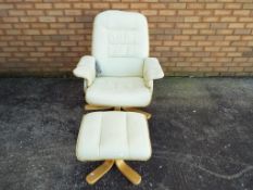 A faux white leather electric reclining chair and matching footstool.