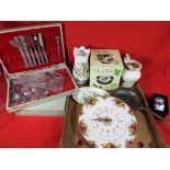 A good mixed lot to include two sets of cutlery, a Royal Albert Old Country Roses wall clock,