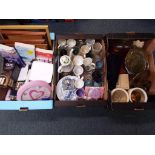 A good mixed lot to include three boxes containing ceramics, glassware, metalware, trinket box,