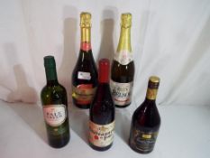Five bottles with contents to include Marques de Monistrol, Pale Cream Sherry by Cabersham,