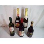 Five bottles with contents to include Marques de Monistrol, Pale Cream Sherry by Cabersham,