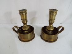 Trench Art - a pair of brass chamber sticks made from shell casings, one marked to the base no.