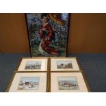 Four silk hand woven pictures of coaching scenes depicting one for each of the four seasons,