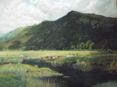 A large oil on canvas depicting cattle g