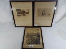 An etching mounted and framed under glas
